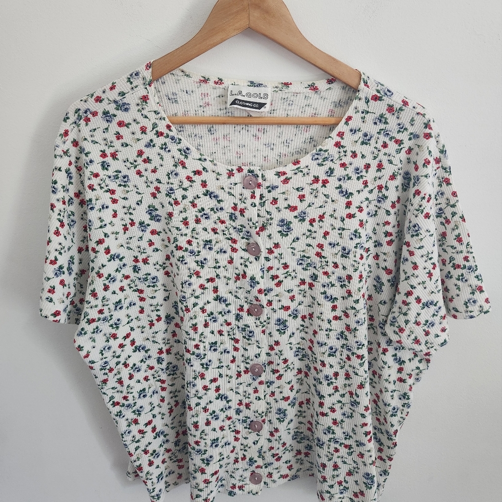 Vintage L.A. Gold Floral Ribbed 90's Cottagecore Button Up Shirt Size Large